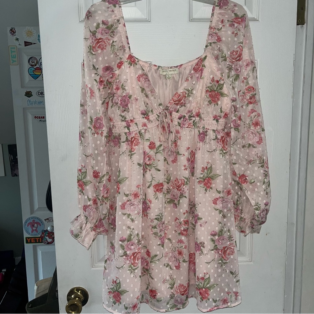 Pink Ruffled Puff Sleeve Long Sleeve Dress